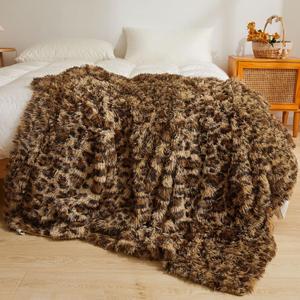 XeGe Luxury Faux Fur Leopard Print Blanket, Soft Cheetah Patterned Fluffy Bed Blanket, Shaggy Plush Decorative Couch Throw, Cute Furry Animal Print Fuzzy Throw for Sofa Bed Couch, Brown, 60x90