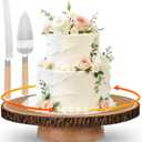 Rotating Cake Stand 12" Wood Cake Stand with Cake Cutting Set,Rustic Wooden Cake Stands for Party/Wedding/Baking Gifts/Event/Cake Turntable for Decorating