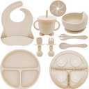 Silicone Baby Feeding Set | Baby Led Weaning Supplies Includes Suction Bowls and Divided Plates, Adjustable Bib, Baby Utensils Spoons and Forks, Cup | Baby Feeding Essentials (Beige)