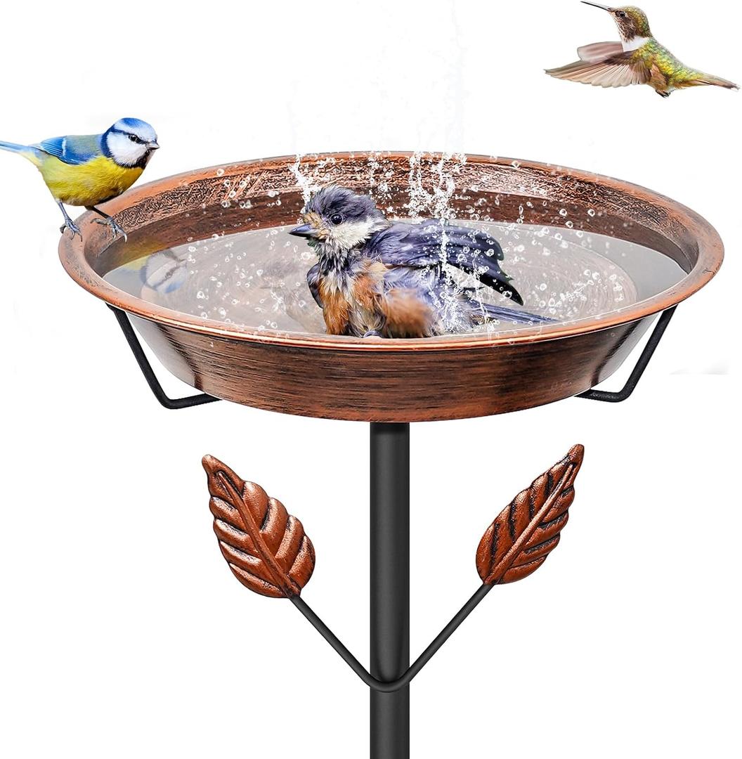 37.8In Metal Bird Bath for Outside, Vintage Birdbaths Removable Feeder Bowl with 5 Prongs Base Stake, Easy to Clean Birdfeeder for Outdoors Garden Yard Lawn Decor(Vintage Brown, Leaf)