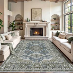 Rugland 9x12 Area Rug - Stain Resistant Washable Rug, Anti Slip Backing Rugs for Living Room, Vintage Tribal Area Rugs (TPR07-Green, 9'x12')