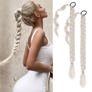 2 Packs Platinum Blonde Long Braided Ponytail Extensions with Hair Ties Natural Soft Synthetic Hair Piece for Black Women Straight Wrap Around Hair Extensions Ponytail