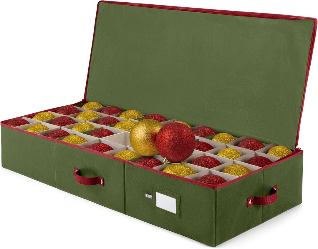 ZOBER Underbed Christmas Ornament Storage Box - Stores 72 Large 4" Ornaments, With Dividers - Tear Proof 600D Oxford Fabric, Ornament Organizer Storage Box, Durable Christmas Containers Holder - Green
