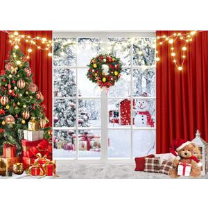 Christmas Window Backdrop 10x8ft Red Curtain Photography Backdrop Winter Xmas Party Banner Decorations Background Xmas Holiday Party Photo Booth D649