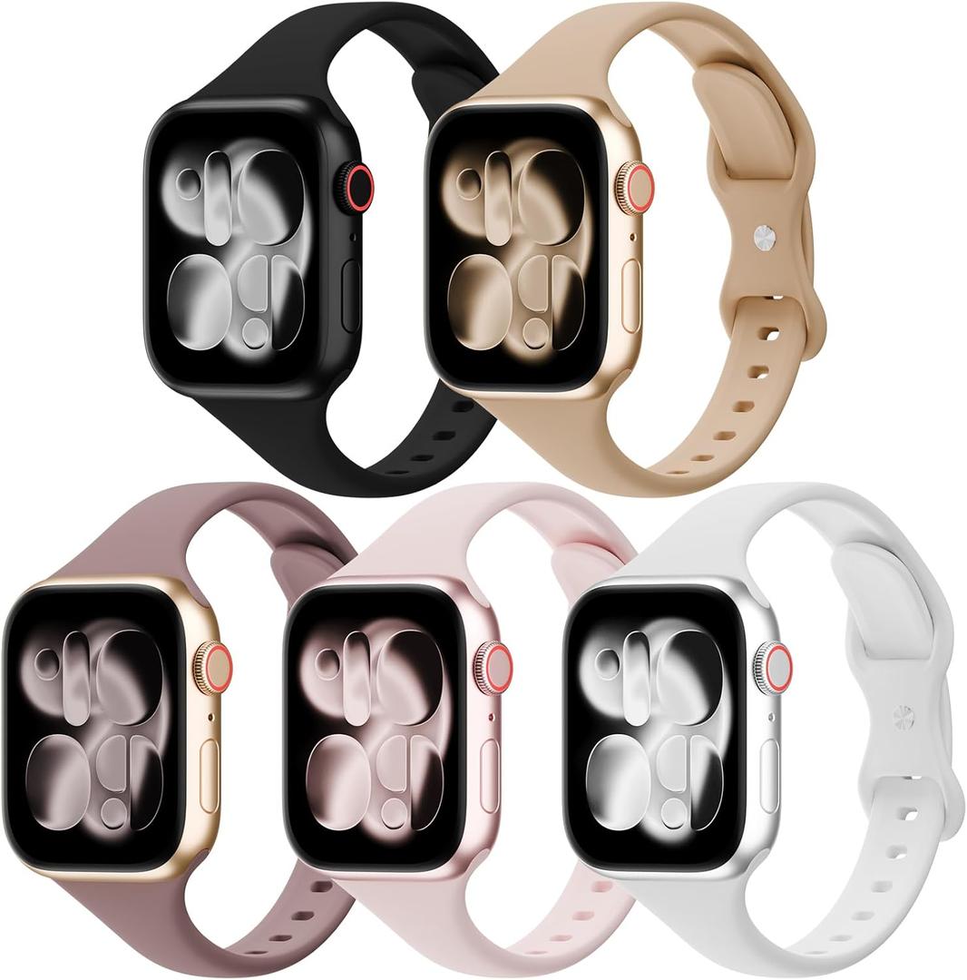 5 Pack Silicone Slim Bands Compatible with Apple Watch Band 38mm 42mm 40mm 44mm 41mm 45mm 46mm 49mm, Soft Narrow Sport Thin Strap for iWatch Ultra 3 2 1 Series 11/10/9/8/7/SE/6/5/4 Women Men