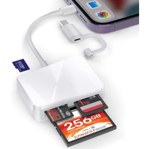 SD Card Reader for iPhone, 4 in 1 USB C and Lightning to CF/SD/MS/TF Card Adapter Memory Card Reader for Camera Adapter Trail Game Camera Viewer for iPad Macbook Plug and Play No App Required (White/Gray)