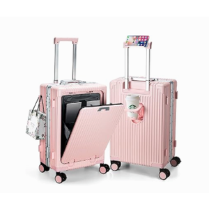 MRPLUM Front Pocket Carry On Luggage,PC Hardside Spinner Wheel Suitcase with TSA Lock, Cup Holder,Phone Holder&USB Charging Port,20 inch,Pink