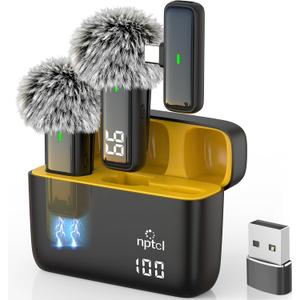 NPTCL Wireless USB Microphone for PC Laptop iPhone 16/15 Android Phone - Noise Canceling Lapel Lavalier Mic with 24H Charging Case for Video Recording Vlog TikTok Podcast Live Streaming (USB & USBC)