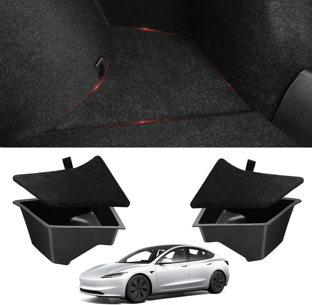 BASENOR Tesla Model 3 Highland Trunk Organizer, TPE Waterproof Rear Trunk Side Storage Bins Box with Carpeted Lip for 2026-2024 Model 3 Interior Accessories (Standard/Premium/Performance) Set of 2
