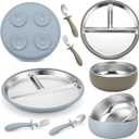 Honeydak 2 Pack Stainless Steel Baby Plates and Bowls with Suction & 2 Pack Spoons and Forks Set Kid Gift Toddler Utensil Baby Feeding Set Divided Plates for Weaning Supplies(Blue,Green)