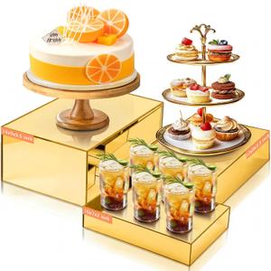 3 Pack Extra Large Acrylic Buffet Risers - 14”, 12”, 10” Gold Display Stands with Hollow Bottoms, Cube Riser Boxes Nesting for Dessert Food Catering Buffet Display Party Supplies