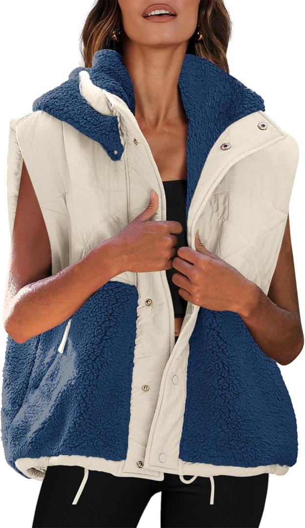 Nirovien Womens Sherpa Vest Oversized Fleece Vest Color Block Quilted Vest Button Down Padded Outwear with Pockets (Small, Beige Blue)
