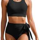 AI'MAGE Womens High Waisted Bikini Set Tummy Control 2 Piece Bathing Suit Modest Racerback Swimsuit 2025 with Tie Side Knot (Large, Black)