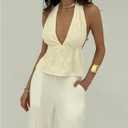 MakeMeChic Women's Y2K Halter Embroidery Tank Top Party Tie Backless Deep V Neck Cami Top (M)