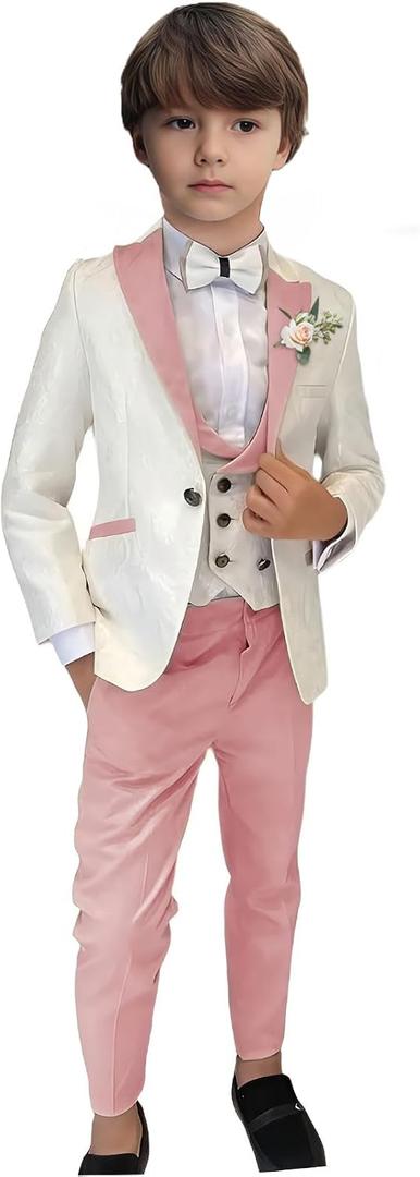 Boys Jacquard 3 Piece Suits Slim Fit Wedding Dinner Blazer Vest Pants Kids Tuxedo Suits for Boys Pageboy Ring Bearer Outfits (8 Years, Light Pink)