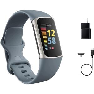 Fitbit Charge 5 Advanced Fitness Tracker with GPS, Heart Rate, Sleep & Health Tracker - Power Bundle with Adapter (Blue Stainless Steel)