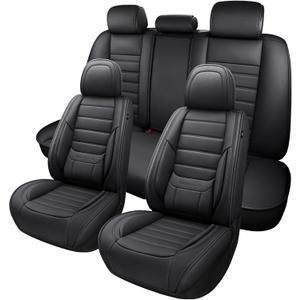 MINGBRON Black Car Seat Cover with Lumbar Support, Car Seat Protector Waterproof, Nappa Leather Car Seat Cushion, Car Seat Covers Front Seats and Back Fit for Most Cars