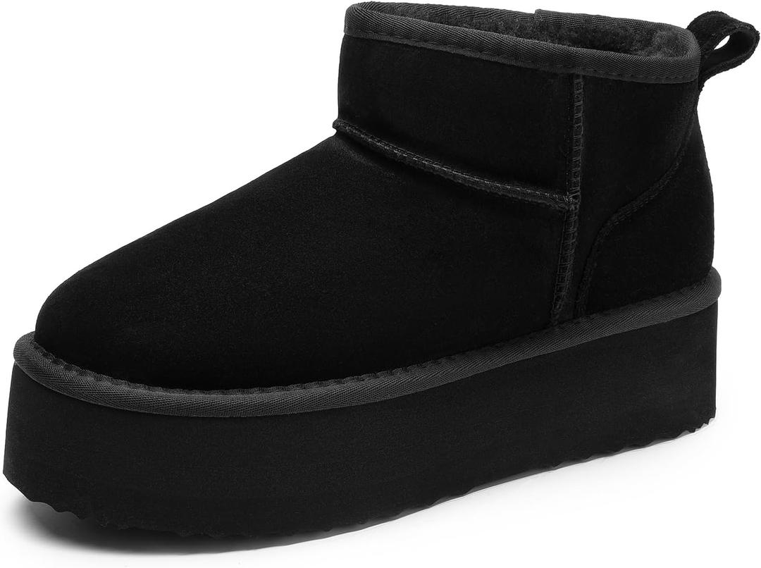 DREAM PAIRS Platform Mini Boots for Women Suede Genuine Leather, Classic Winter Ankle Snow Boots with Memory Foam Insole Lightweight Anti-Slip Outsole FuzzyClassic (7.5, Black)