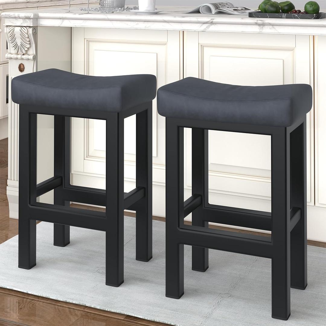 Bar Stools Set of 2, 24 Inch Counter Height Bar Stools for Kitchen Island, Faux Leather Upholstered Thick Saddle Seats & Heavy Duty Metal Base, Easy Assembly, Gray