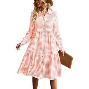 chouyatou Women's Retro Plaid Button Down Shirt Dress Long Sleeve Ruffle Tiered Midi Long Dress with Pockets (Medium, Orange)