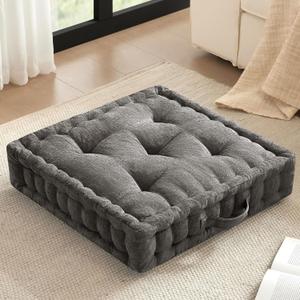 Intelligent Design Large Floor Pillow for Adults Yoga or Meditation Cushion with Handle, Floor Cushion for Board Games, Lustrous Chenille Tufted, Handsewn Scalloped Edge, Azza, 24" x 24" x 5" Charcoal