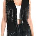 Fringe Vest - 60s 70s Outfits for Women Cowgirl Tassel Sleeveless Hippie Costume Western Faux Suede, Size  XL