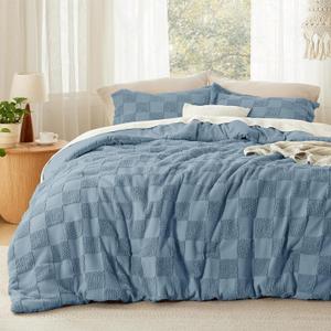 Bedsure Mineral Blue Queen Size Comforter Set, Boho Tufted Bed Set, Checkered Farmhouse-Style Distressed Vintage Bedding, 3 Pieces, 1 Plaid Geometric Comforter and 2 Pillow Shams