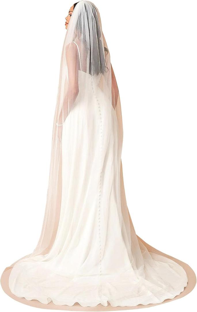 Chapel Length Simple Drop Wedding Bridal Veil with Metal Comb (White)