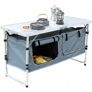 JOUYEK Camping Table, Folding Camping Table with Storage, Portable Kitchen Table, Lightweight, 3 Heights Adjustable Camping Furniture for BBQ, Picnic, Camping, Hiking, Beach, and Indoor