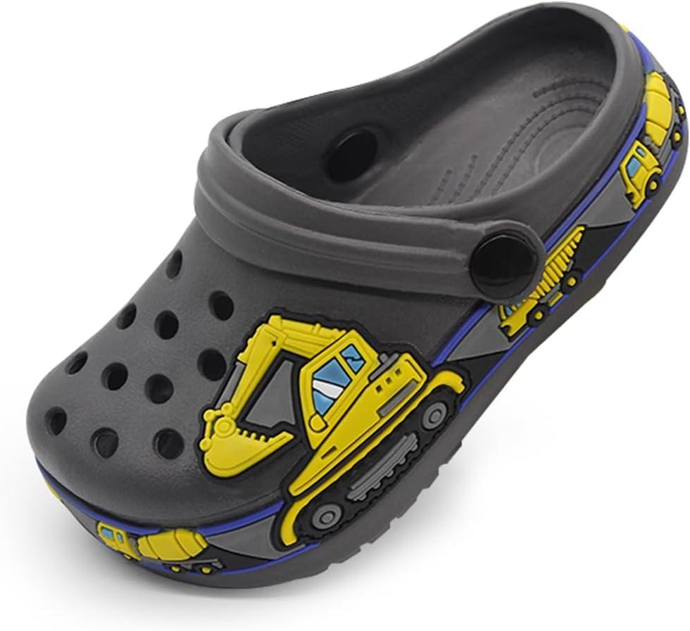 FolHaoth Toddlers Cute Cartoon Excavator Racecar Pattern Boys Girls Clogs Slip On Lightweight Breathable Kids Sandals Non Slip Indoor Outdoor Beach Pool Shower Slippers Shoes (Gray). 24 Size