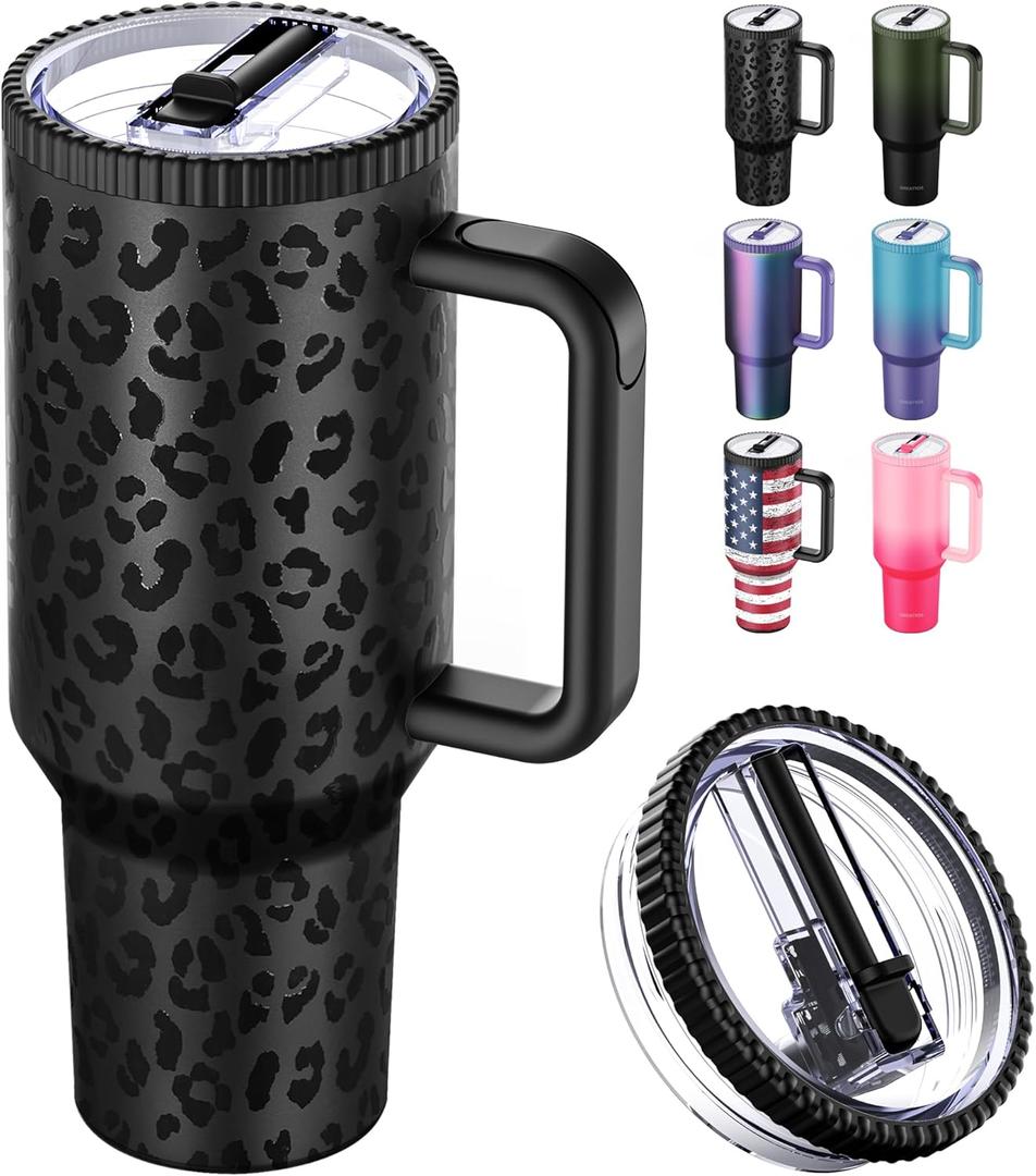 40 oz Tumbler with Handle and Flip Straw Lid - Upgraded Greatyos Traveler 40oz Tumblers with Lids Straws Vacuum Insulated Leak Proof Stainless Steel Cup Mug Gifts for Men Women Him Her (Black Leopard)