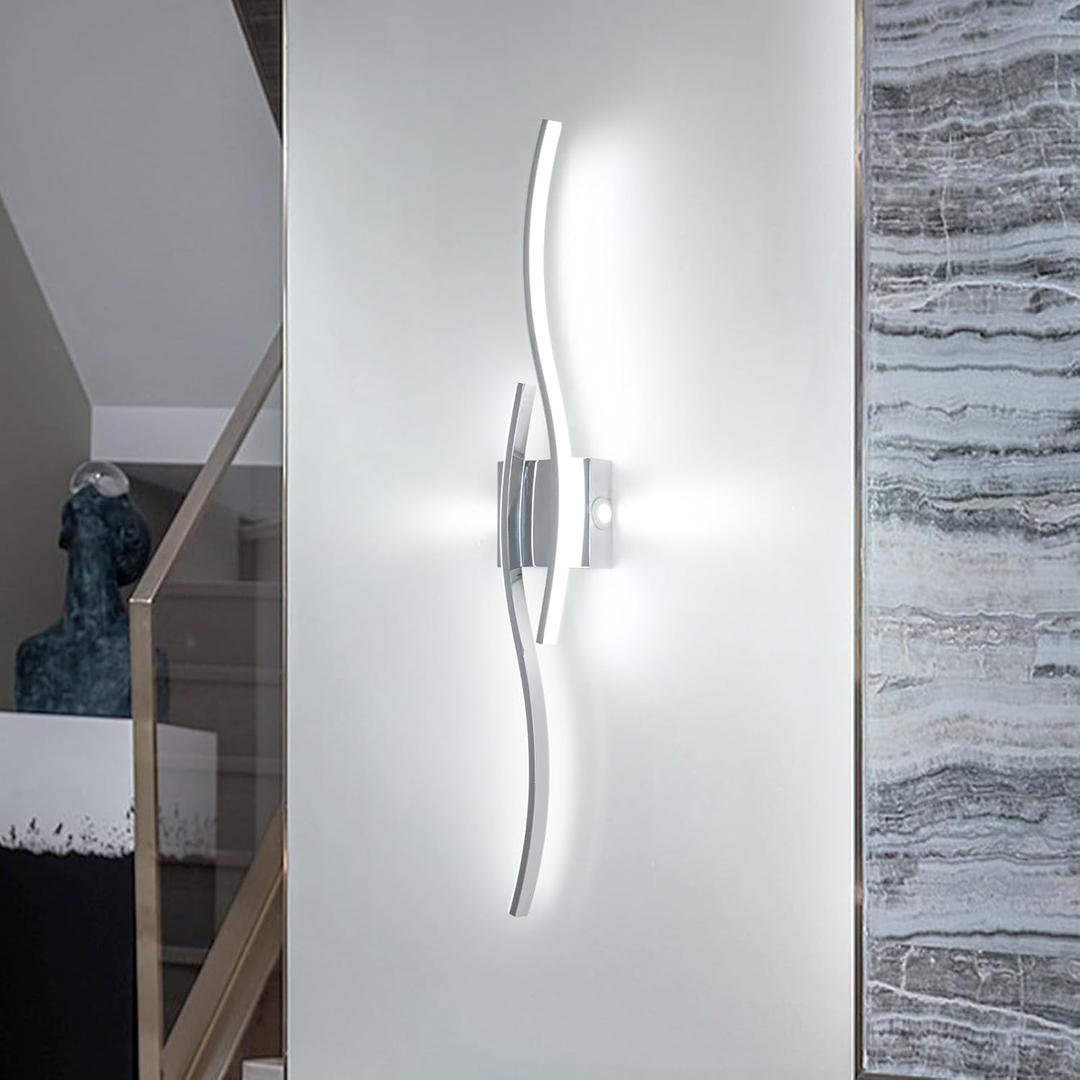 Modern Led Wall Sconces, 32inch Bathroom Mirror Vanity Light, 28W 6000K Wall Light Fixtures Stair Lights, Indoor Wall Decor Bedside Wall Lamp for Bedroom Living Room Hallway Hotel - Silver
