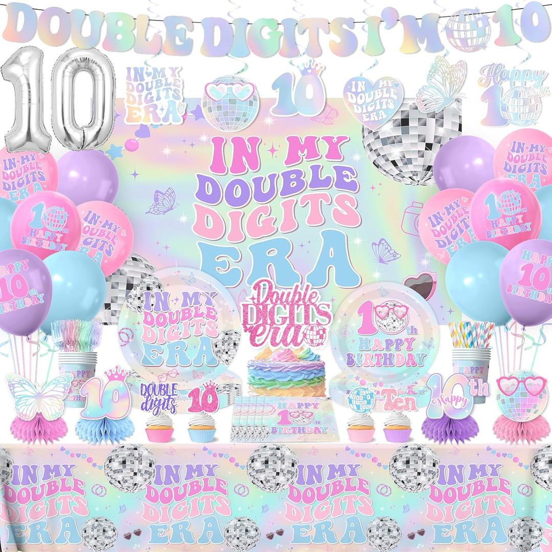 10th Birthday Decorations for Girl,198pcs In My Double Digits Era Party Decor 10 Year Old Birthday Decorations Plates and Napkins Cups Tablecloth Banner Honeycomb for Double Digits Era Party Supplies