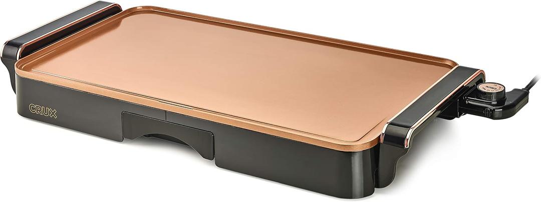 CRUX Electric Griddle with Nonstick Ceramic Coating, Cool-Touch Handles, and Slide-Out Drip Tray - Indoor Grill for Breakfast, Eggs, Pancakes, and Burgers