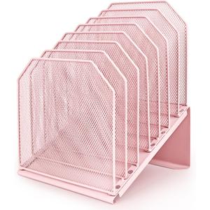 SUMMORO Inclined File Organizer for Desk, 7-Tier Vertical File Folder Holder Office Desk Organizer Metal Rack File Wire Mesh Desktop Document Sorter for Office School Classroom Home (Pink)