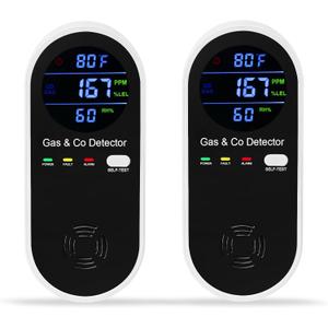 2 Packs Combination Gas & Carbon Monoxide Detector, 4-in-1 Natural Gas Detector & Carbon Monoxide Alarm with Temperature(F) & Humidity,Propane & CO Detector for Home,RV,Apartment
