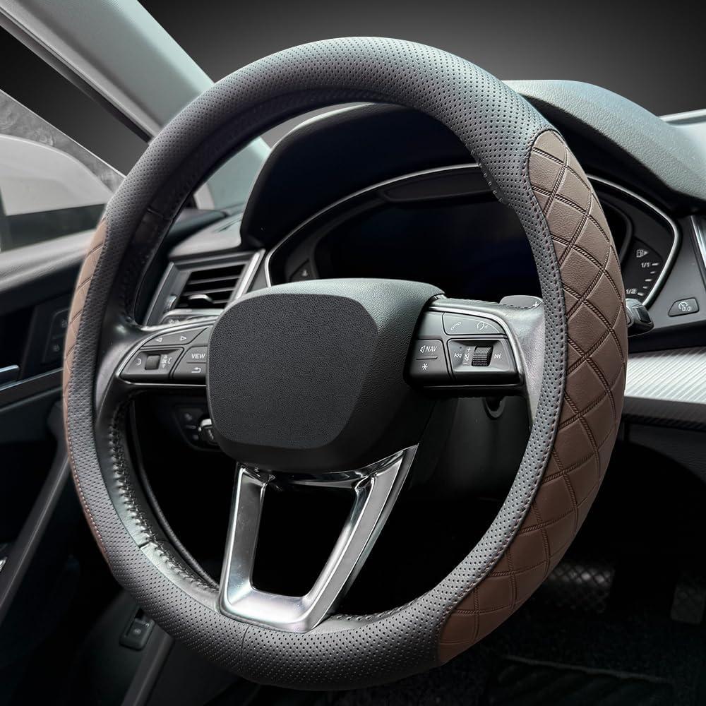LKWLIKEI Nappa Leather Steering Wheel Cover,Elegant Diamond Checkered Design, Non-Slip wear-Resistant, Enhance Driving Comfort, Suitable for Steering Wheel Diameter 14 1/2-15 Models. Black Brown