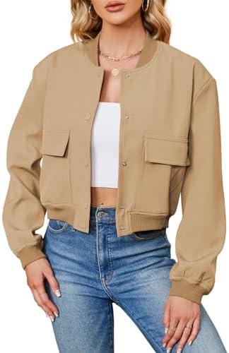 Durio Womens Bomber Jacket Fashion Short Cropped Jacket Casual Jackets for Women Varsity Jacket with Pockets Spring Fall, Khaki