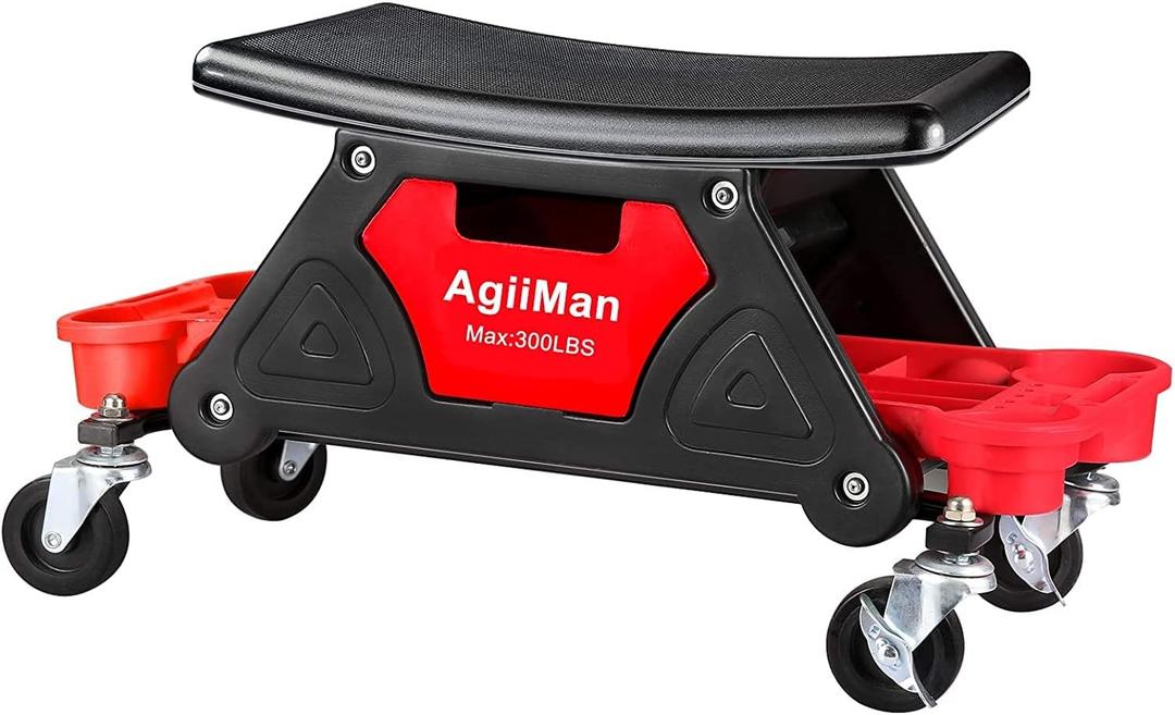 AgiiMan Mechanic Stool - Detailing Garage Rolling Stool with Wheels, Automotive Roller Creeper Seat Chair Repair Tools Tray, 2 Tool Storage Drawers Under Seat, 300 Lbs Capacity