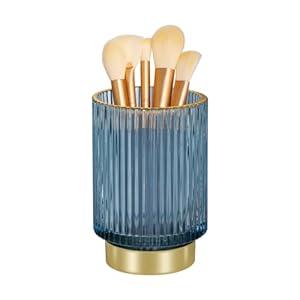 Fvstar Vintage Makeup Brush Holder Organizer, Dresser Glass Brushes Holder, Vanity Cosmetic Brush Holder, Desktop Crystal Eyeliners Eyebrow Pencil Storage Cup Holder for Countertop (Large Blue)