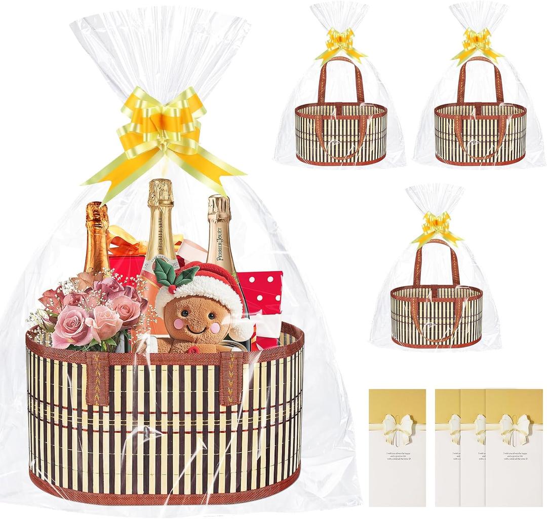4 Set Baskets for Gifts Empty Large Woven Bamboo Gift Baskets Kit with Ribbons, Gift Bags & Gift Cards for Birthday, Baby Shower & Housewarming Wrapping