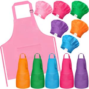 Kids Apron and Chef Hat Set - 6Pcs Colorful Adjustable Kitchen Toddler Apron for Girls Boys, Pretend Play Toy Cooking Gift for Kids Baking Painting Career Day Costume Kitchen Game Supplies