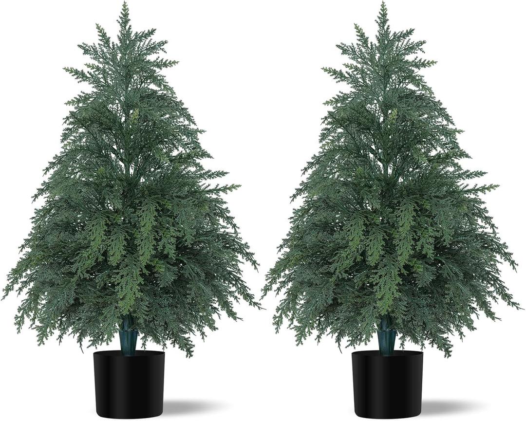 2Pack Artificial Topiary Trees, 2FT Faux Cypress, Faux Evergreen Pine Shrubs Plants with Pot, Potted Plants for Front Porch Indoor Outdoor Garden Christmas Decor