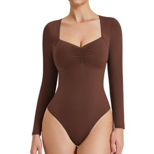 Avidlove Women's Sexy Sweetheart Neckline Bodysuit Tops Long Sleeve Double Lined Thong Body Suits Ruched Outfits (Brown), Size S