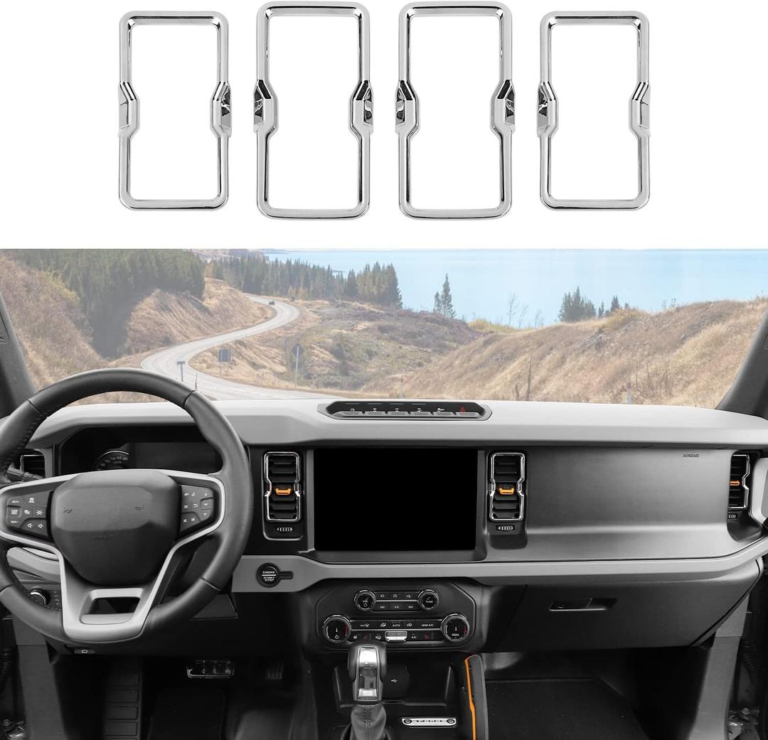 RAZPOY for Bronco Air Conditioning Outlet Vent Trim, 4PCS Center Console Dash AC Vent Ring Cover Compatible with 2021-2023 Ford Bronco Interior Accessories, Chrome