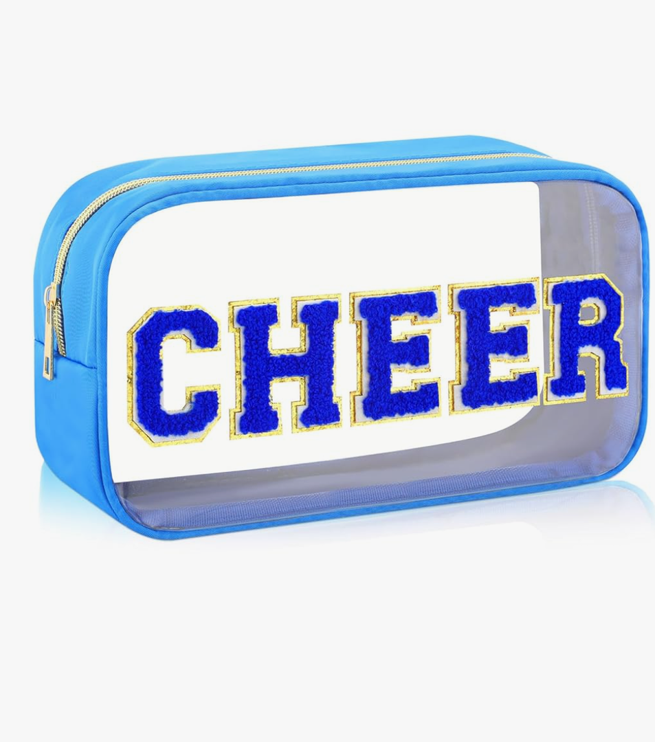 Abbylike Cheer Clear Makeup Letter Bag Cosmetic Zipper Cheers Pouch Chenille Patch Cheerleader Gifts Preppy Cheer Nylon Handmade Toiletry Bags for Women Girls Gifts (1, Blue)