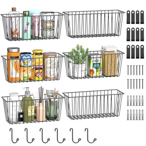 Simple Trending 6 Pack Wire Basket Wall Mount Baskets Hanging Baskets, Cabinets Organizer and Storage with Hooks for Kitchen, Garage and Bathroom