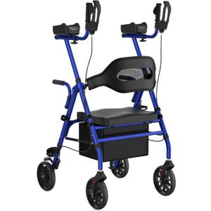 Upright Rollator Walker, Heavy Duty Stand Up Walkers for Seniors with Seat and Reversible Backrest, Foldable Standing Rollator with 8" Anti-Slip PU Wheels, Blue
