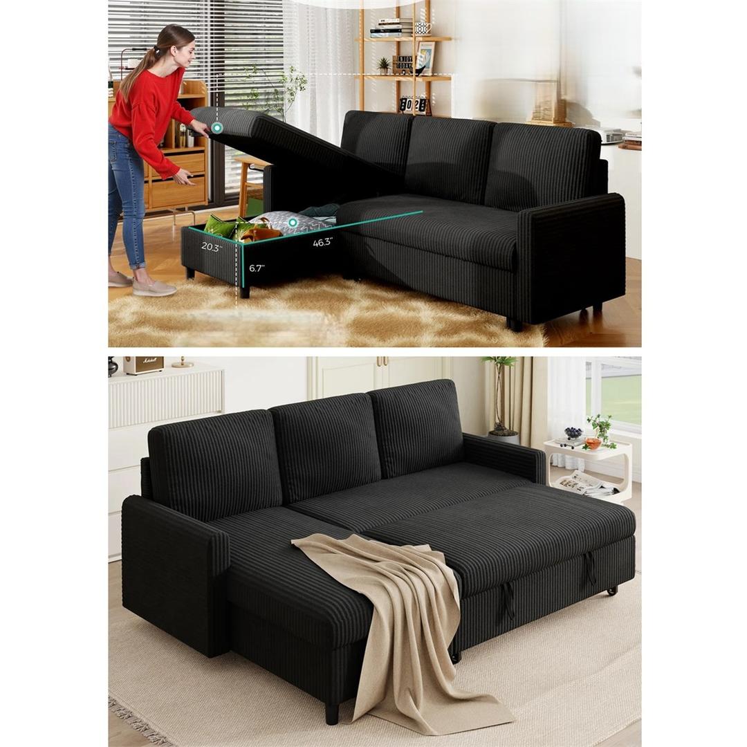 Pull Out Sleeper Sofa with Storage, 77" L-Shaped Convertible Couch Bed in Soft Corduroy for Small Living Room & Apartment, Reversible Sectional Sofa with Storage Chaise, Black
