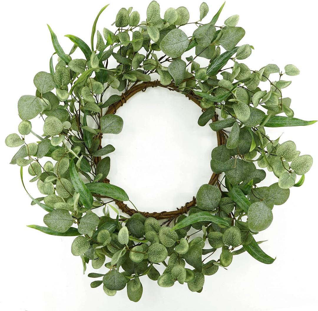 20 '' Green Eucalyptus Wreath for Front Door Artificial Spring Summer Wreath with Large Willow Leaf for Farmhouse Wall Window Outdoor Indoor Wedding Party Home Decor, White Gift Box Included